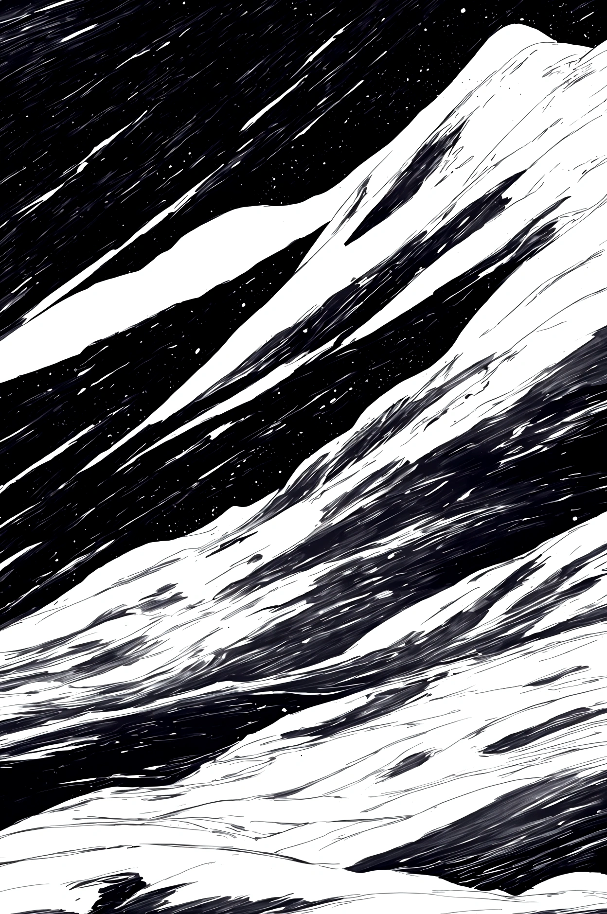 Glacier Snow, meteor,Black sky,White and black (high quality)Copperplate Line Art,Excellent landscape composition,Award-winning illustrations