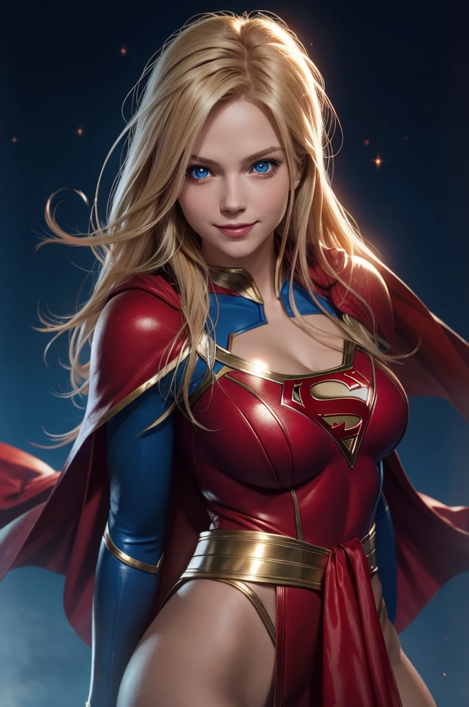 The character Supergirl, perfect blue and red costume with the traditional "S" in the chest, red cape, shiny little blue eyes, extremely beautiful blond hair, beautiful smile , perfect anatomy and extremely beautiful face, hyperrealistic face