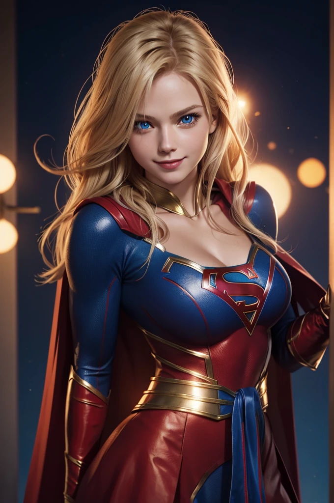The character Supergirl, perfect blue and red costume with the traditional "S" in the chest, red cape, shiny little blue eyes, extremely beautiful blond hair, beautiful smile , perfect anatomy and extremely beautiful face, hyperrealistic face 