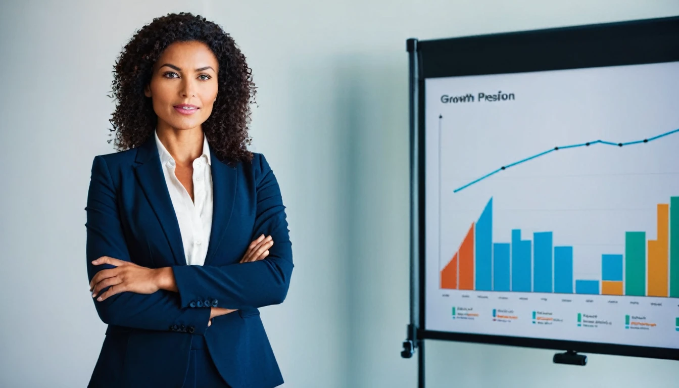 A confident businesswoman standing in front of a presentation screen showing business growth charts