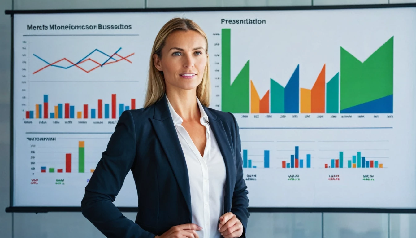 A confident businesswoman standing in front of a presentation screen showing business growth charts