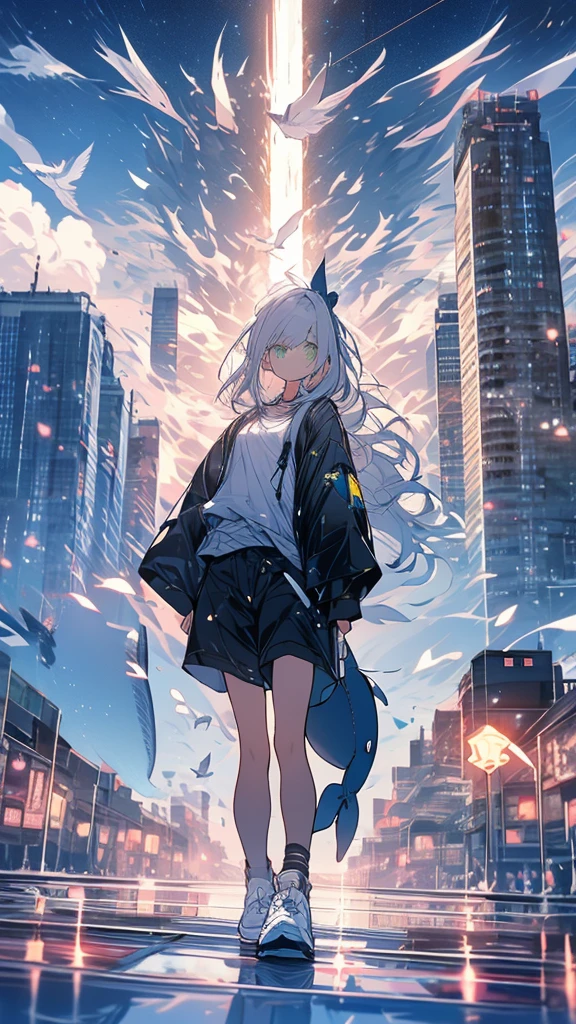 monochrome color、masterpiece, Exquisite detail,Highest quality, One girl, alone, handrail, cloud, Looking up at the buildings,Long Hair, zero, Long sleeve, Power lines, White footwear, Black Hair, View your viewers, Electric pole, bangs, cloudy zero, fish, bird, Green Eyes, Shorts, Day, Black Shirt, barefoot,Whale flying in the sky,Giant whale,night,Star,milky way,night,Pitch black,Buildings,Standing and looking up,Short Bob