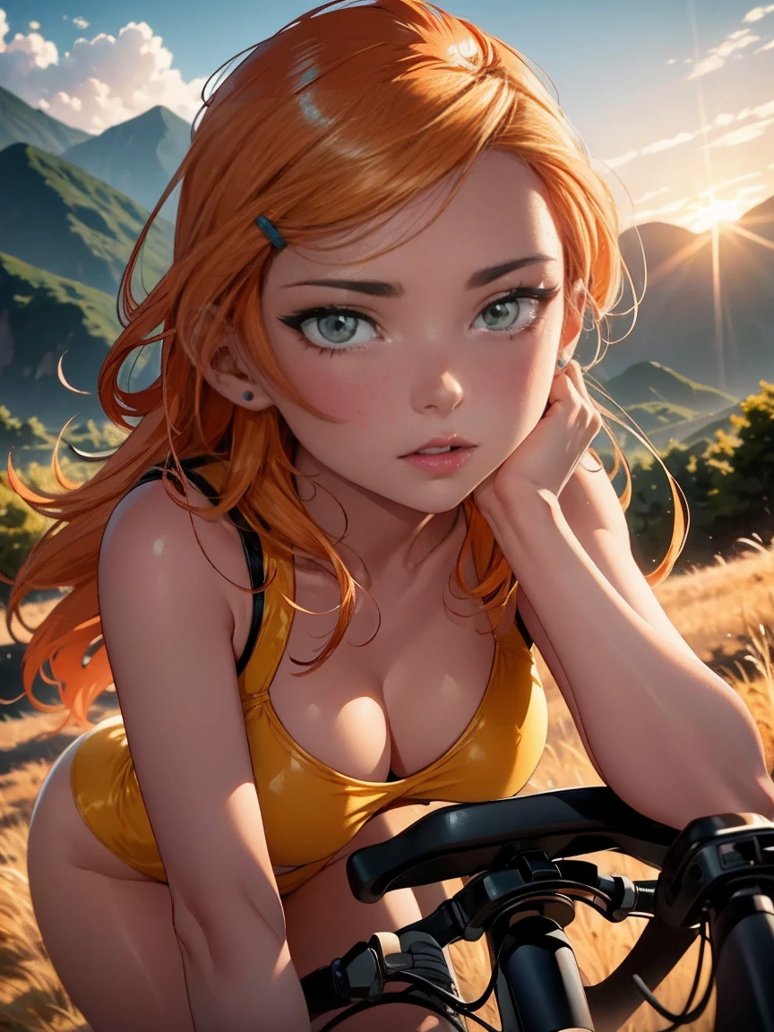 beautiful young woman with large breasts riding a bicycle, highres, detailed, photorealistic, 8k, studio lighting, cinematic lighting, dynamic pose, beautiful detailed face, beautiful detailed eyes, beautiful detailed lips, long eyelashes, flowing hair, flawless skin, delicate features, elegant, graceful, dynamic, serene expression, soft warm colors, golden hour lighting, depth of field, dramatic background, lush nature, rolling hills, scenic landscape