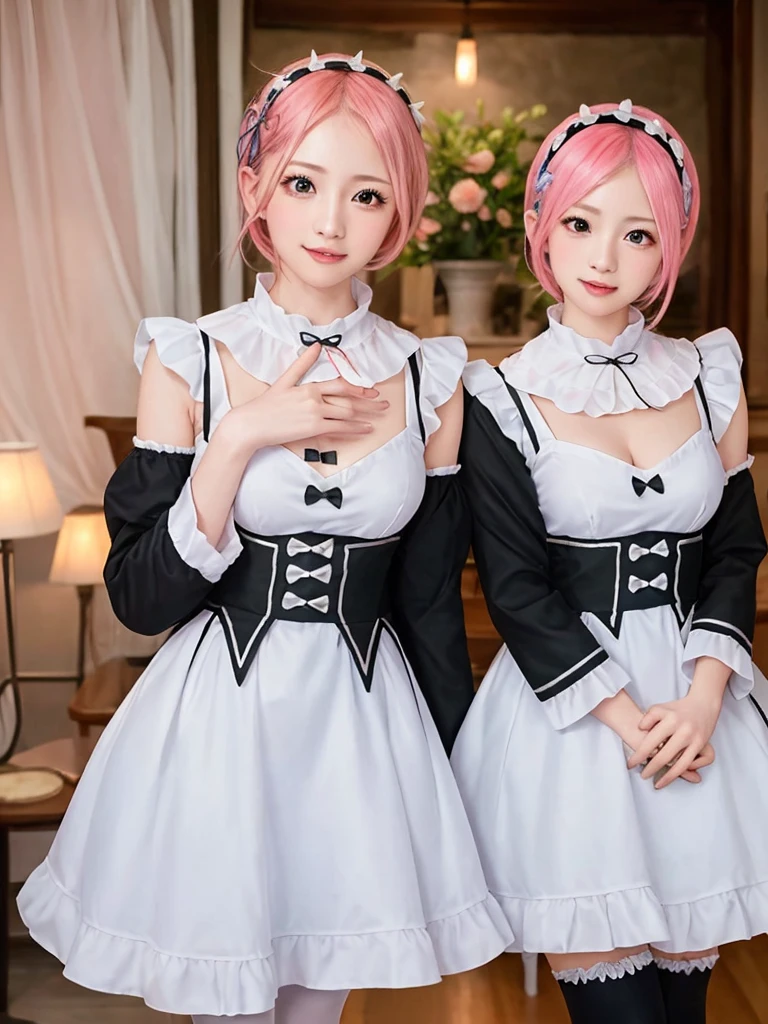 Accurate depiction with high resolution,(8K, Photorealistic, Raw photo, of the highest quality: 1.3), (1girl in), Super beautiful, (Realistic face), (boyish, pink Color Berry Shorthair), Beautiful , Glare that captivates the viewer, Beautiful expression, Beautiful breasts, (Realistic skin), Be...Create a detailed and colorful image of Ram and Rem from Re:Zero, standing back-to-back in their maid outfits, with a magical fantasy background、14years old, two girls,cute, perfect face, beautiful, nice body, gothic lolita clothes, gothic lolita fashion, frilly skirt, headdress, necklace, bracelet, knee-high socks, boots, double eyelids, tear bags, Detailed down to the fingers, photo-like description, indoors, dim indoor lighting, one girl is pink hair and short bob, another girl is light blue hair and short bob,standing,whole body, composition that shows the whole body, smiling,The Both of them are wearing the same type of maid outfit,Optimal ratio of 4 fingers and 1 thumb,walking