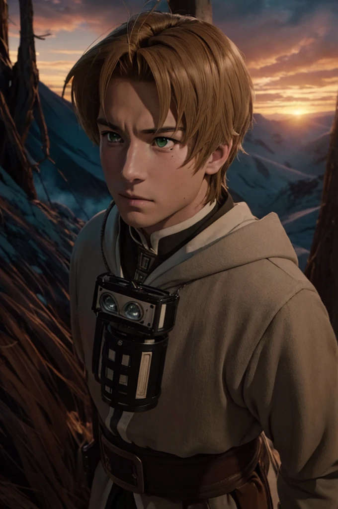 A young man in realistic portrait of high quality and detail, 2000's movie style, Rudeus Greyrat (Mushoku Tensei), a tall, well-built young  man with a handsome appearance. He has light brown hair and green eyes, and he also has a mole under his left eye, dark and mysterious atmosphere, pale skin, glow, solo, 1man, fantasy, Depth & Perspective, Mystical powers, fine face, he standing on a hill, outside, burning forest in the background, a fiery sky, a cloud of ashes, looking at viewer, (ultra-high detail:1.2), Masterpiece, Best Quality, Ultra-detailed, Cinematic lighting, 8K, delicate features, cinematic, 35 mm lens, f/1.9, highlight lighting, global lighting –uplight –v 4, cinematic, intense gaze, Cinematic lighting, 8K, high quality, Highest Quality, (Solo Focus), (extremly intricate:1.3), (Realistic), dramatic, masterful, Analog style, (Film grain:1.5), (warm hue, cold tone)