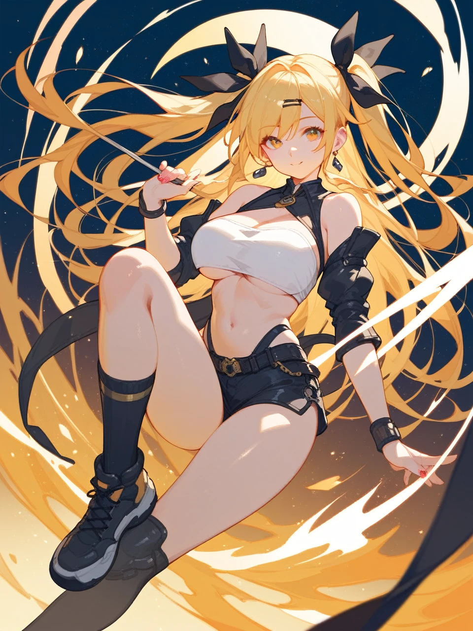 score_9, score_8_up, score_7_up, 1girl,,two_side_up,solo,large_breasts,highres,nicole_demara,1girl,hair_ribbon,crop_top,looking_at_viewer, full_body,looking at viewer,,masterpiece,best quality,absurdres,newest,higher