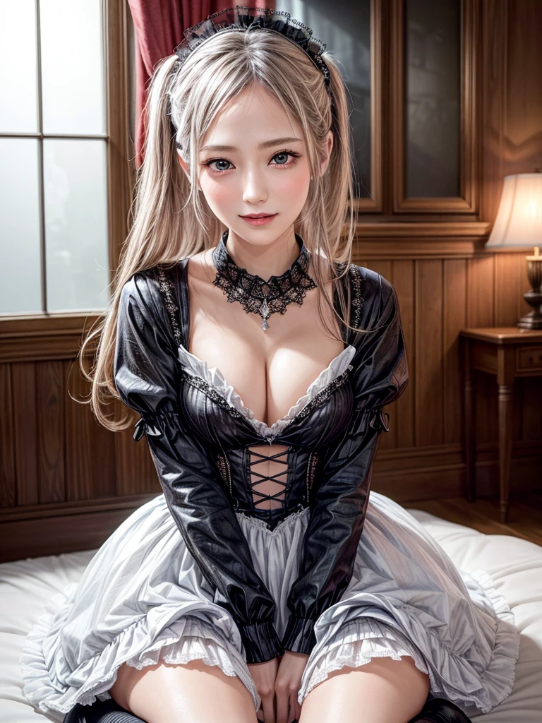 (8K, Photorealistic, Raw photo, of the highest quality: 1.3), (1girl in), Super beautiful, (Realistic face), (boyish, Silver Color Berry Shorthair), Beautiful , Glare that captivates the viewer, Beautiful expression, Beautiful breasts, (Realistic skin), Be...Super high quality, super high definition, super detailed, masterpiece, 20years old, female, cute, perfect face, beautiful, nice body, gothic ta clothes, gothic loliashion, frilly skirt, headdress, necklace, bracelet, knee-high socks, boots, double eyelids, tear bags, Detailed down to the fingers, photo-like description, indoors, dim indoor lighting, blonde hair, pony tail, standing, whole body, composition that shows the whole body, smiling