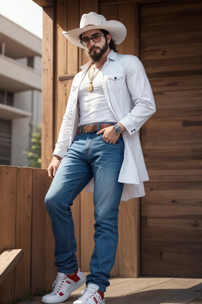 A free fire gamer character with a cowboy hat with a beard with glasses and a white shirt with red, blue angelic pants and astro sneakers