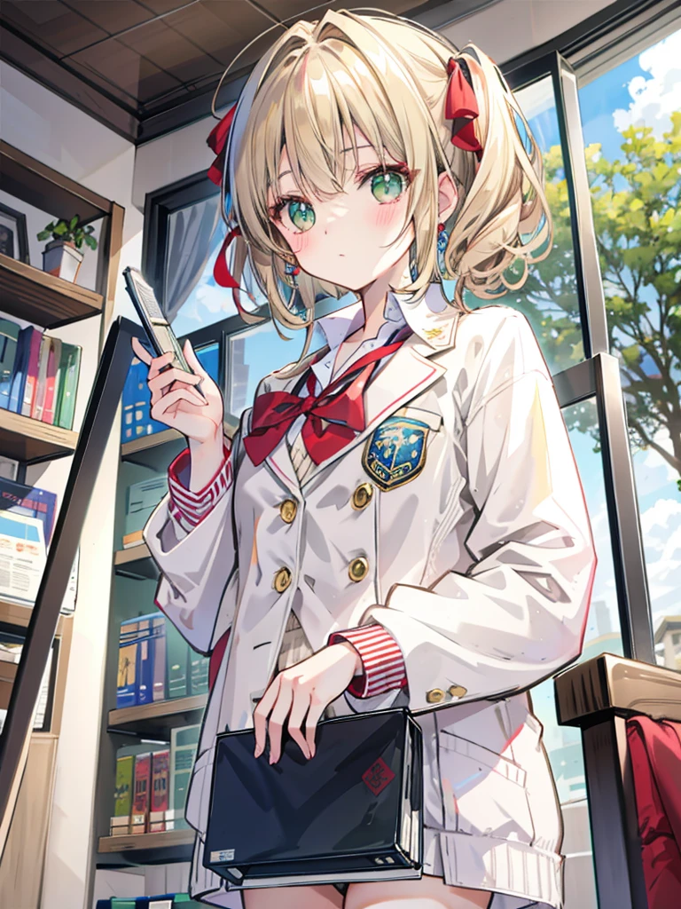 short hair,light brown hair,twintails,pom pom hair ornament,hair intakes,green eyesgirl,blonde,straight-cut bangs,Hair tied in a low ponytail,straight hair,BREAK,green eyes,eye size:1.6,BREAK,White blazer with navy blue collar,,BREAK,red ribbon,holding textbooks and books,A wistful look,blush,I&#39;m embarrassed and a little angry,upward glance,( around 10 years old)