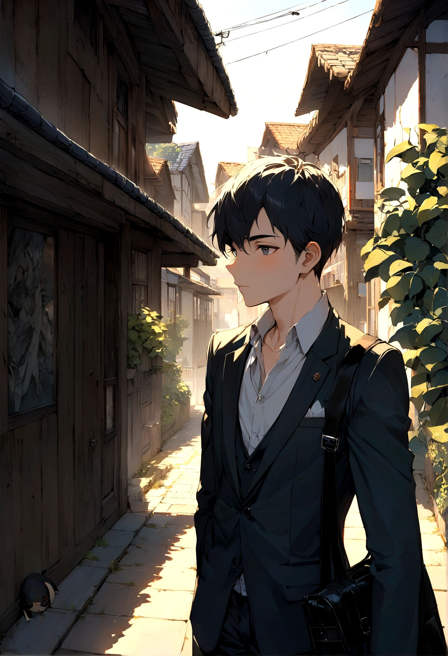 work of art, maximum quality, super detaill, 1 man aged 18, male focus, bonitas, Residential area, zaun, spindle tree, Afternoon Sun, After school, suit, Black shoulder bag