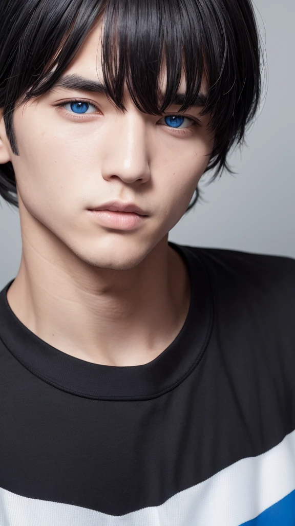 a black-haired, black-eyed, white-skinned man wearing a blue shirt