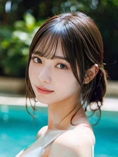 1girl, 25 years old woman, medium breasts, cute face, beautiful face, (perfectly detailed face), ((looking at viewer)), Hands behind the body, hands behind head, Simple Background, One-piece swimsuit, poolside, sexy pose, standing by the pool, full body visible, waki, photorealistic, (bokeh), UHD, anatomically correct, highres