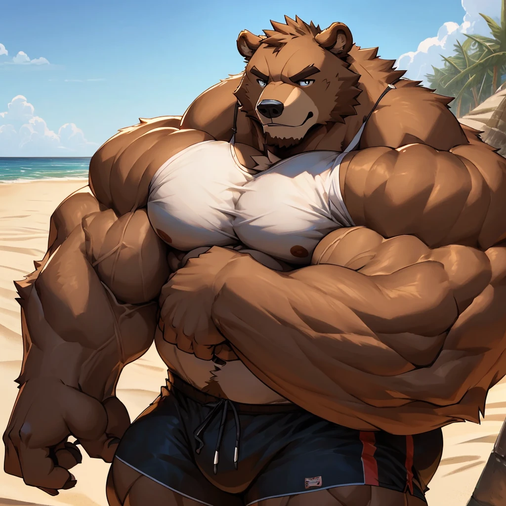 solo, 1boy, beach, size different, extremely huge muscular, massive muscular, grizzly bear, full-body, well-muscled bring shirtless in a black swim trunk shorts in beach. Flexing his arms. ((extremely muscle size, super thick arms, huge body, thick brown fur, extremely wide and oversized shoulder, huge arms)). and add details to make it attractive and interesting. Add textures and details to make the image more realistic, such as the appearance of the shirt texture and the appearance of the skin. Make sure the resulting image is high resolution, 8K quality.", simple background, masterpiece, high detailed, 8k, high resolution
