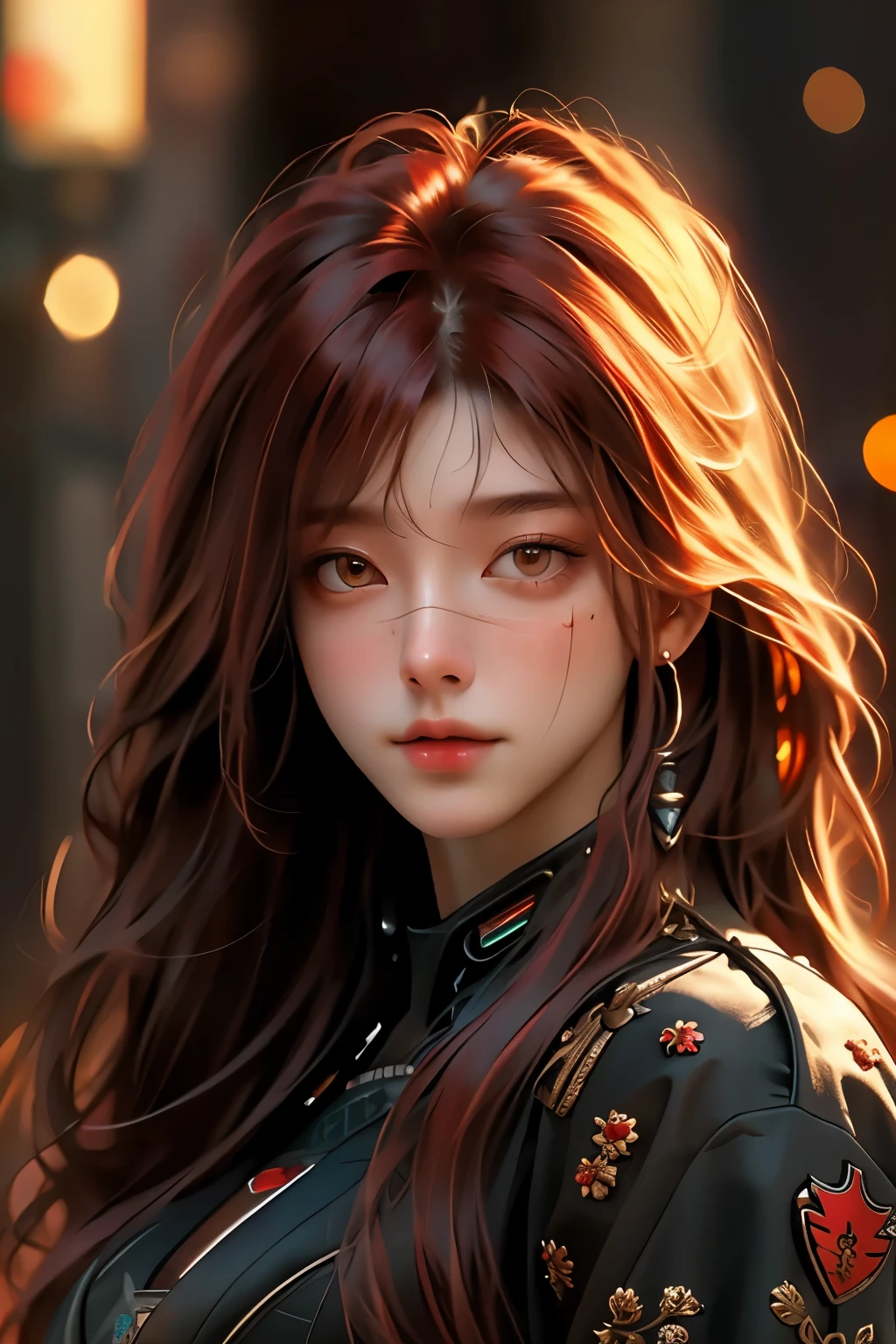 ((best quality)), ((Masterpiece)), (details:1.4), 3d, Image of a beautiful cyberpunk woman., HDR (high dynamic range), long hair, red hair, future police, PBR surface,After processing,Anisotropic filtration,depth of field, Maximum clarity and clarity, multi-layered surface, perfect proportions, 8K raw files, Scars on the face, future world, alley, at night