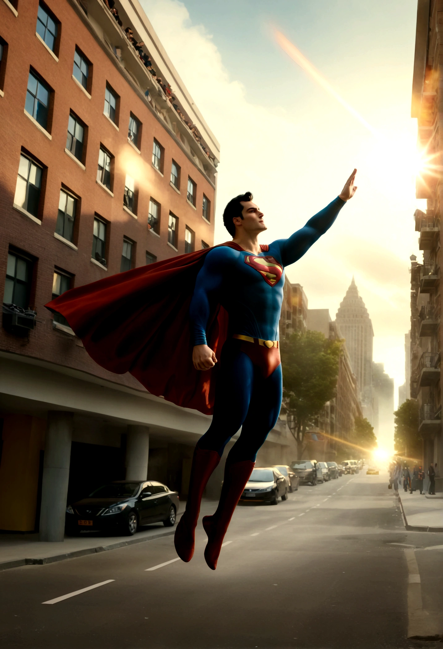 uperman flying over street between building waving at people cheering for him,in superhero pose cape flapping
