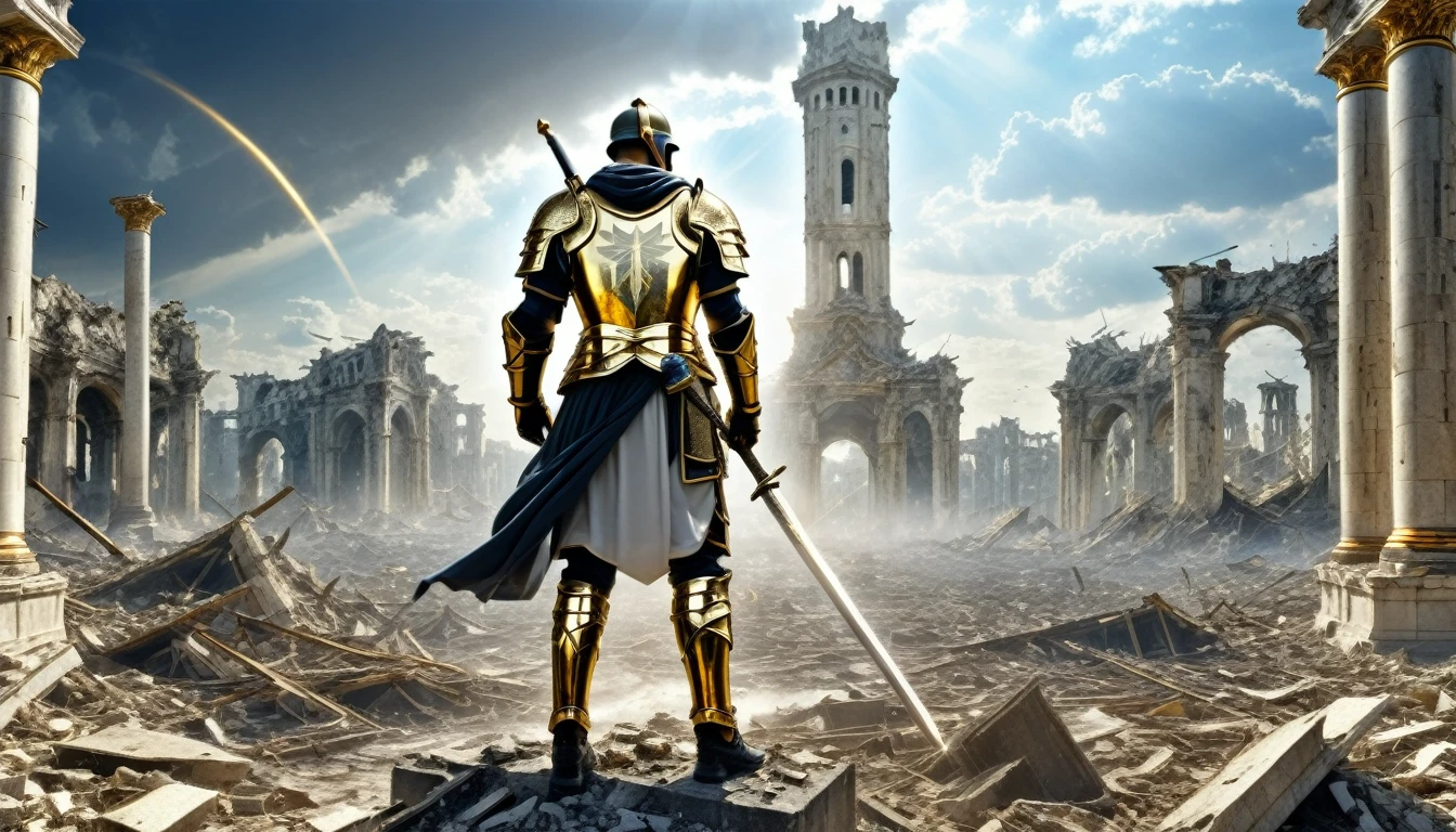 HDR, BEST IMAGE, A SOLDIER OF GOD WITH A DRAWN SWORD, WITH COVER, FROM THE HEAVENS, IN FRONT OF A DESTROYED CITY, WHITE IVORY TOWERS WITH GOLD, COLOR IMAGE, RUINS ON THE GROUND,