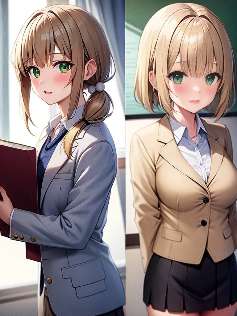 short hair,light brown hair,twintails,pom pom hair ornament,hair intakes,green eyesgirl,blonde,straight-cut bangs,Hair tied in a low ponytail,straight hair,BREAK,green eyes,eye size:1.6,BREAK,White blazer with navy blue collar,,BREAK,red ribbon,holding textbooks and books,A wistful look,blush,I&#39;m embarrassed and a little angry,upward glance,( around )