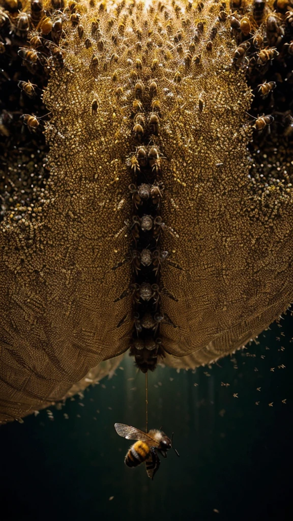 "Create an image that conveys a sense of suspense and imminent danger, showing a swarm of angry bees. The scene must include thousands of bees flying in dense, chaotic formation, with a background of forest or open field at dusk, where the shadows are long and the light is scarce. Use a dark, contrasting color palette, like black and yellow for bees, with touches of dark green and brown for the environment. Add elements like a person or animal trying to protect itself or escape, with an expression of panic or terror. The composition must be detailed and intricate, with abstract patterns on bee wings and light reflections to intensify the sensation of movement and chaos. The image should evoke a feeling of fear and suspense, capturing the imminent threat and intensity of a swarm of angry bees through a unique and impactful visual style."