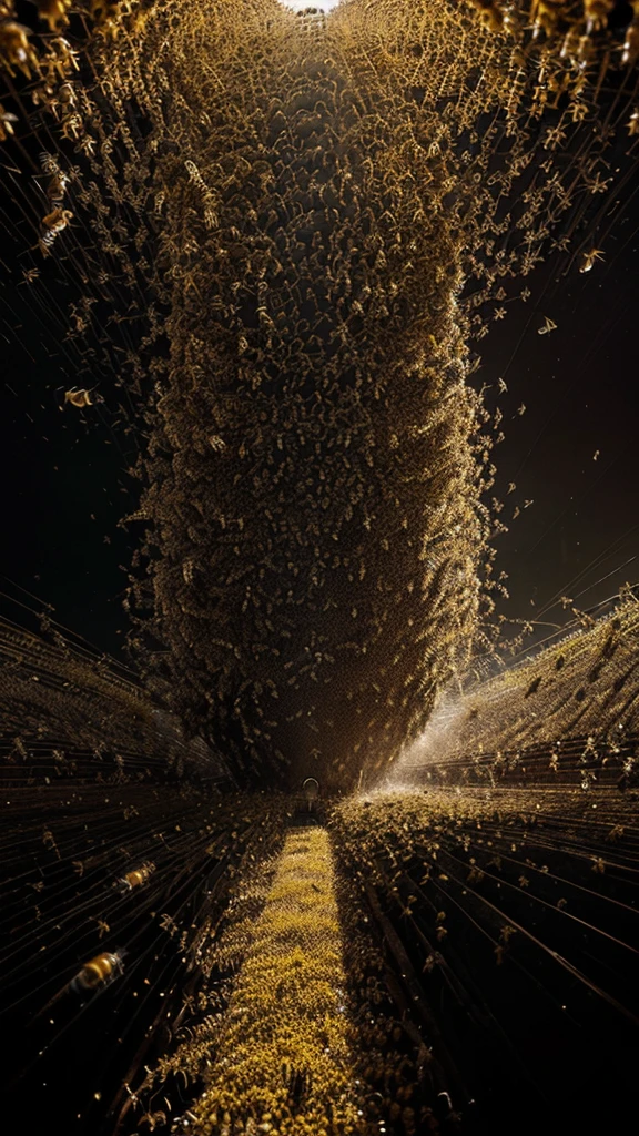 "Create an image that conveys a sense of suspense and imminent danger, showing a swarm of angry bees. The scene must include thousands of bees flying in dense, chaotic formation, with a background of forest or open field at dusk, where the shadows are long and the light is scarce. Use a dark, contrasting color palette, like black and yellow for bees, with touches of dark green and brown for the environment. Add elements like a person or animal trying to protect itself or escape, with an expression of panic or terror. The composition must be detailed and intricate, with abstract patterns on bee wings and light reflections to intensify the sensation of movement and chaos. The image should evoke a feeling of fear and suspense, capturing the imminent threat and intensity of a swarm of angry bees through a unique and impactful visual style."