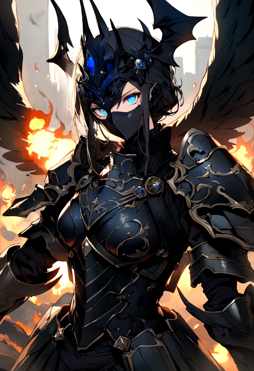 angel with black wings, wearing a black mask, Using armor, blue eyes