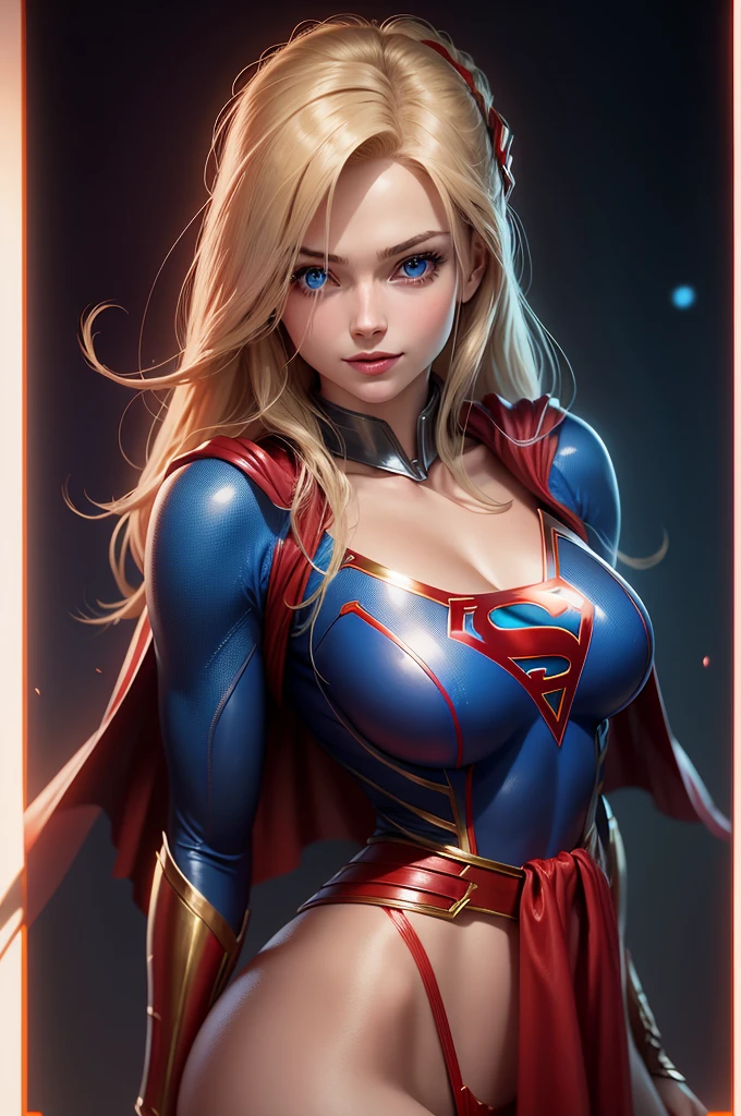 The character Supergirl, perfect blue and red costume with the traditional "S" in the chest, red cape, shiny little blue eyes, extremely beautiful blond hair, beautiful smile , perfect ??????? and extremely beautiful face, hyperrealistic face 