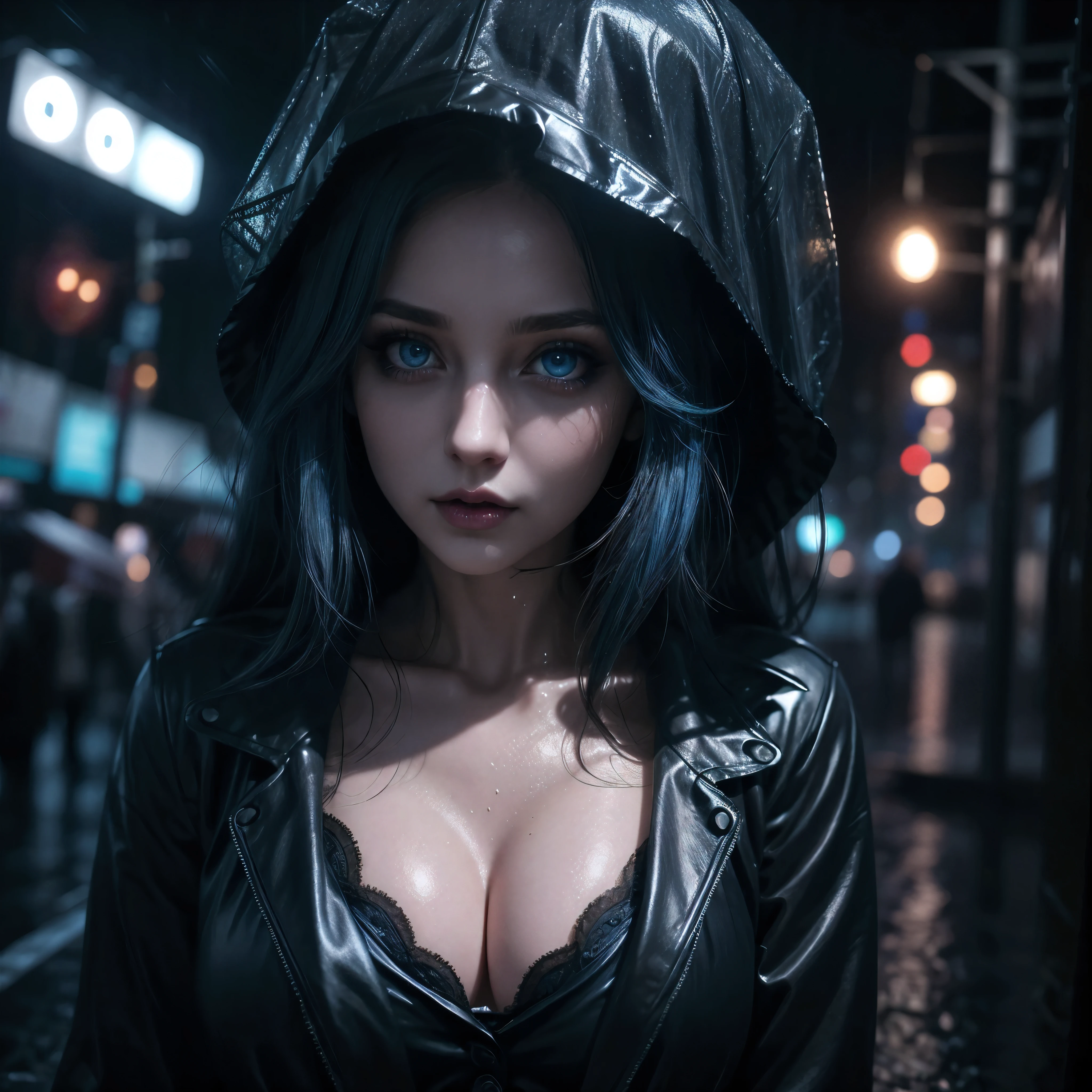 a beautiful girl with gorgeous blue eyes glowing with magic, gothic makeup, large breasts, open clothing, white shirt, black mini skirt, rain, wet clothing, street, night, cinematic lighting, dramatic pose, gorgeous detailed face, intricate details, masterpiece, photorealistic, 8k, highly detailed
