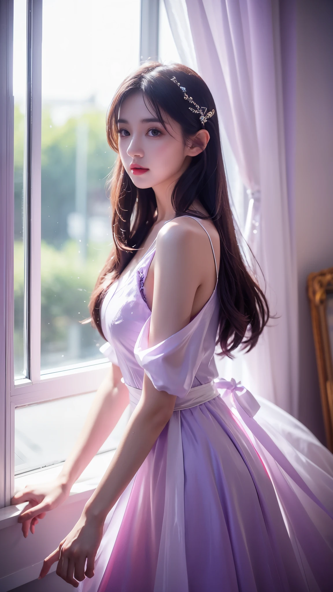 4K, UHD, masterpeice, 1 girl, good face, very long hair, ((white skin)), fairytale clothing, purple clothing, bare waist, fujicolor, window, depth of field, ray tracing, ultra realistic detailes,