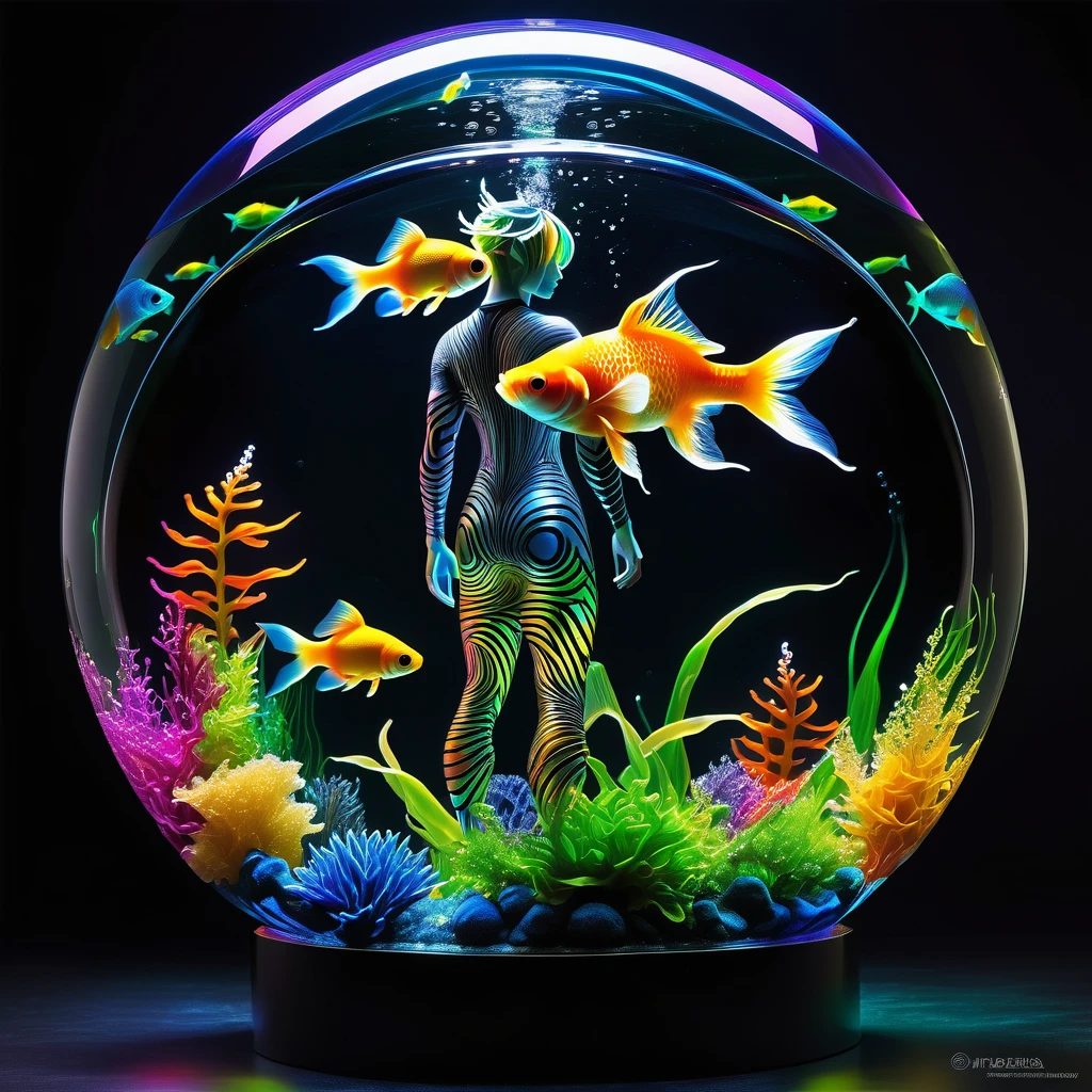 A captivating futuristic water drop art masterpiece, artistically crafted by Hans Darias AI, depicts a mesmerizing male fairy figure. The cyberpunk and dark fantasy elements are seamlessly combined, with the male figure adorned with fashionable, high-tech accessories. The transparent RGB water drop reveals intricate algae details and patterns, accentuating the figure's curvaceous silhouette. The spherical aquarium atop his head contains a vibrant yellow goldfish, while a transparent body is filled with an array of colorful fish. The piece masterfully fuses the boundaries between humanity, nature, and technology, creating a striking and imaginative work that enthralls the viewer with its captivating interplay of light and color.