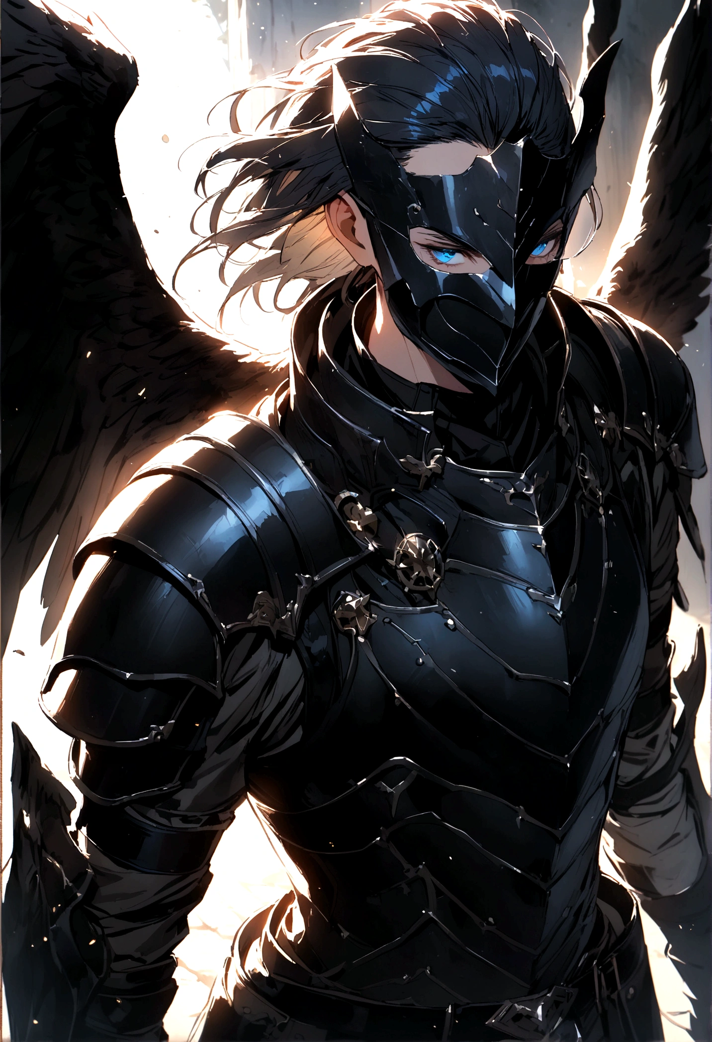 man with black wings, wearing a black mask, Using armor, blue eyes