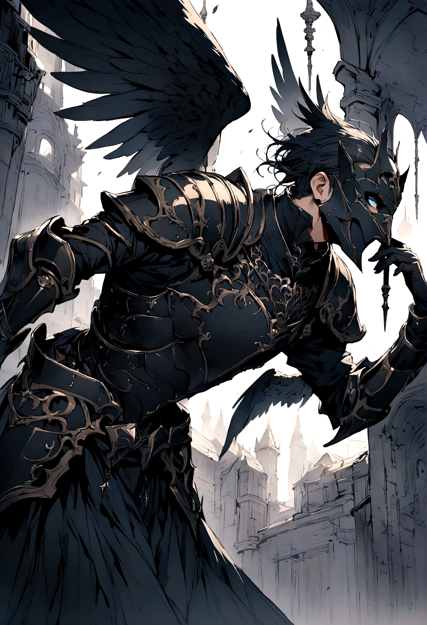 man with black wings, wearing a black mask, Using armor, blue eyes