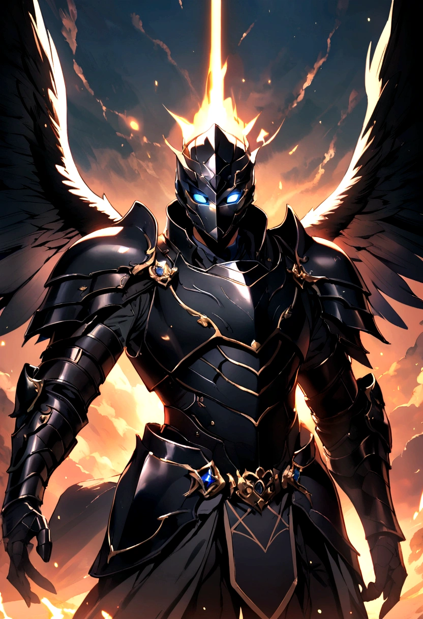 man with black wings, wearing a black mask, Using armor, blue eyes