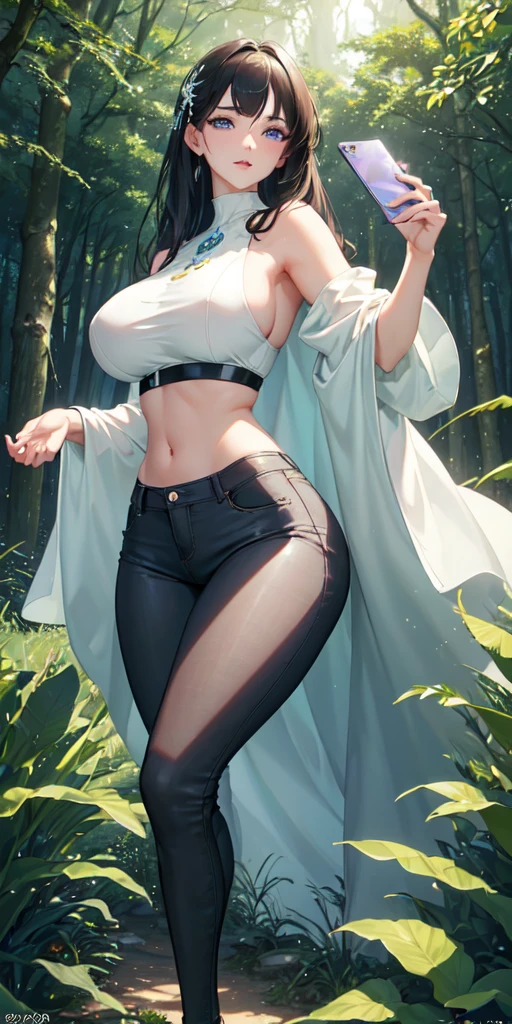 ((Best quality, 8K, masterpiece:1.4)), Anime woman, full body, very large breasts:1.5, wide hips, big butt:1.4, slender waist, detailed face, long straight black hair, bright blue eyes, wearing a tight white crop top, short denim shorts, standing in a lush forest, looking straight at the viewer with a seductive expression, holding a smartphone, licking the screen, highly detailed skin and face texture, detailed eyes, long eyelashes, thin waist, highly detailed face and skin texture, forest bathed in moonlight, magical atmosphere, realistic light and shadows, ethereal beauty, elegant posture, thick thighs, confident stance