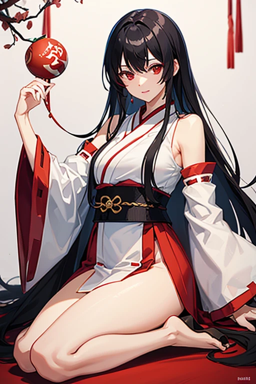 50 years old,woman,miko,Yandere,japanes miko,black hair,long hair,red eyes,