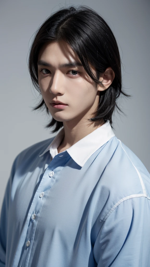 a black-haired, black-eyed, white-skinned man wearing a blue shirt