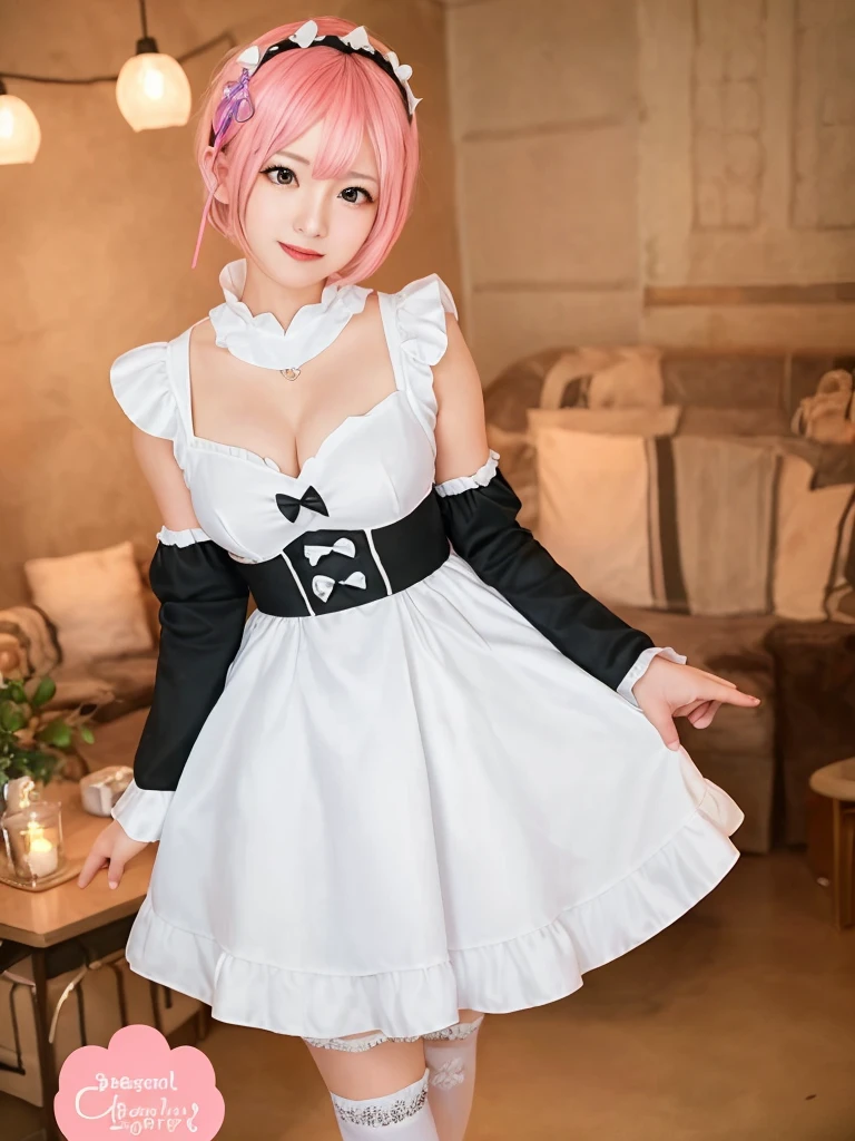 Accurate depiction with high resolution,(8K, Photorealistic, Raw photo, of the highest quality: 1.3), (1girl in), Super beautiful, (Realistic face), (boyish, pink Color Berry Shorthair), Beautiful , Glare that captivates the viewer, Beautiful expression, Beautiful breasts, (Realistic skin), Be...Create a detailed and colorful image of Ram and Rem from Re:Zero, standing back-to-back in their maid outfits, with a magical fantasy background、14years old, two girls,cute, perfect face, beautiful, nice body, gothic lolita clothes, gothic lolita fashion, frilly skirt, headdress, necklace, bracelet, knee-high socks, boots, double eyelids, tear bags, Detailed down to the fingers, photo-like description, indoors, dim indoor lighting, one girl is pink hair and short bob, another girl is light blue hair and short bob,standing,whole body, composition that shows the whole body, smiling,The Both of them are wearing the same type of maid outfit,Optimal ratio of 4 fingers and 1 thumb,walking