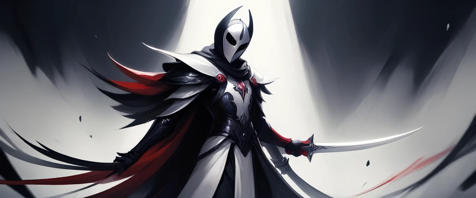 Cartoon illustration of a white red and black character with a sword, portrait of hollow knight, hollow knight style, the knight from hollow knight, hollow knight, hollow knight concept art, hornet from hollow knight, in style of cytus and deemo, hollow knight screenshot, official art, hd artwork, undertale, hypervivid intense mcbess, celshaded art, rendered art, high quality, HD, 8k, 4k, 2k, creative, badass, detailed weapons, detailed clothes, detailed bodies.
