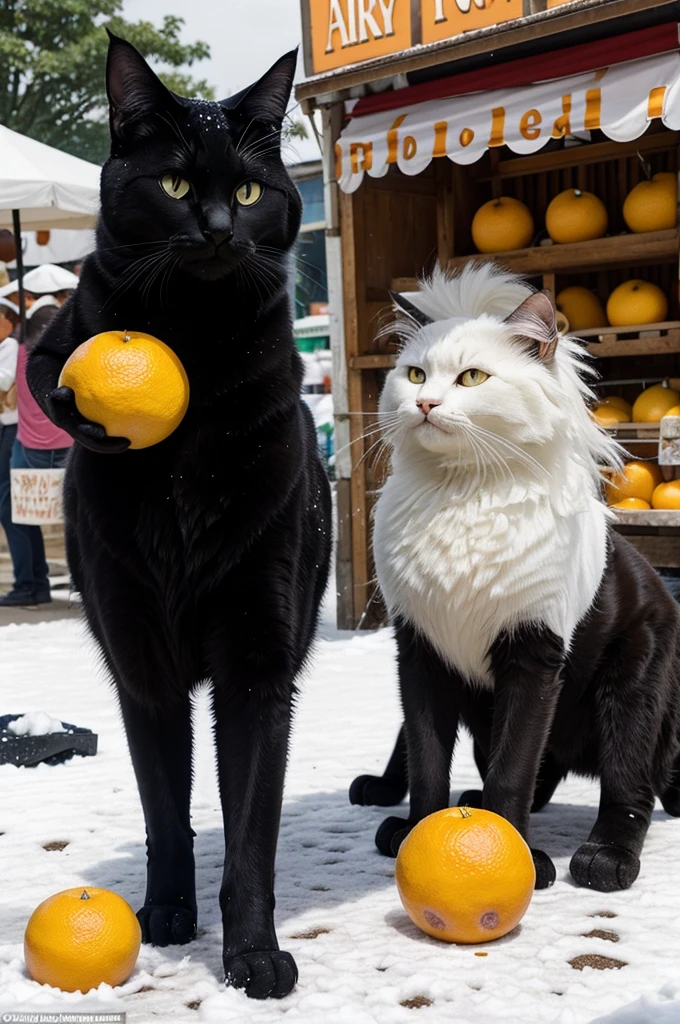 Characters: Ebony, the sleek black cat, and Snowy, the fluffy white catSetting: A busy market square.
Action: Ebony and Snowy face a challenge together when Ebony accidentally knocks over a pile of oranges at a fruit stall. Snowy’s white fur stands out as they work together to clean up the mess and apologize to the stall owner