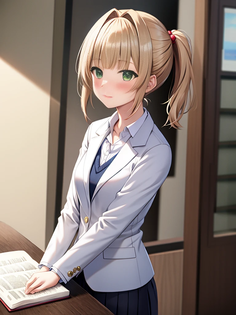 short hair,light brown hair,twintails,pom pom hair ornament,hair intakes,green eyesgirl,blonde,straight-cut bangs,Hair tied in a low ponytail,straight hair,BREAK,green eyes,eye size:1.6,BREAK,White blazer with navy blue collar,,BREAK,red ribbon,holding textbooks and books,A wistful look,blush,I&#39;m embarrassed and a little angry,upward glance,( around )