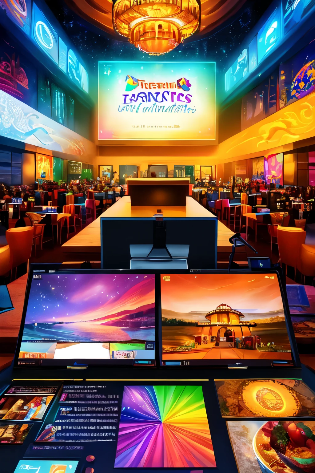 An artist drawing on a large board, with colorful and vibrant brushstrokes. around him, magical elements like fairies, stars and bright lights emerge from the paintings, symbolizing the creativity and enchantment of marketing. No fundo, You can see a table with video equipment and a computer screen showing the video editing interface for Instagram. The atmosphere is modern and welcoming, with warm colors and details that convey a sense of inspiration and innovation. O texto "Marketing is the art of enchanting" is styled at the top of the image, and below, "Win hearts and transform brands into unforgettable stories". Include your company logo discreetly in the bottom right corner.