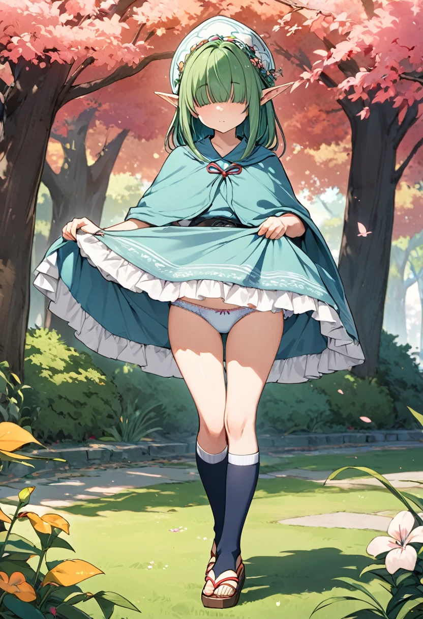 BREAK Perfect Anatomy、(High resolution:1.2)、Incredible illustrations、(Cute illustrations:1.2)、(Beautiful background(bushes in the park)) 1little girl((multicolored hair,((bangs over eyes)), ,)1girl((a girl,elf 1.5meters, 25kg,18 years old female, ((tunic,poncho,petticoat,asymmetric thigh-high socks, sandals),tilting head(dress lift,panties)