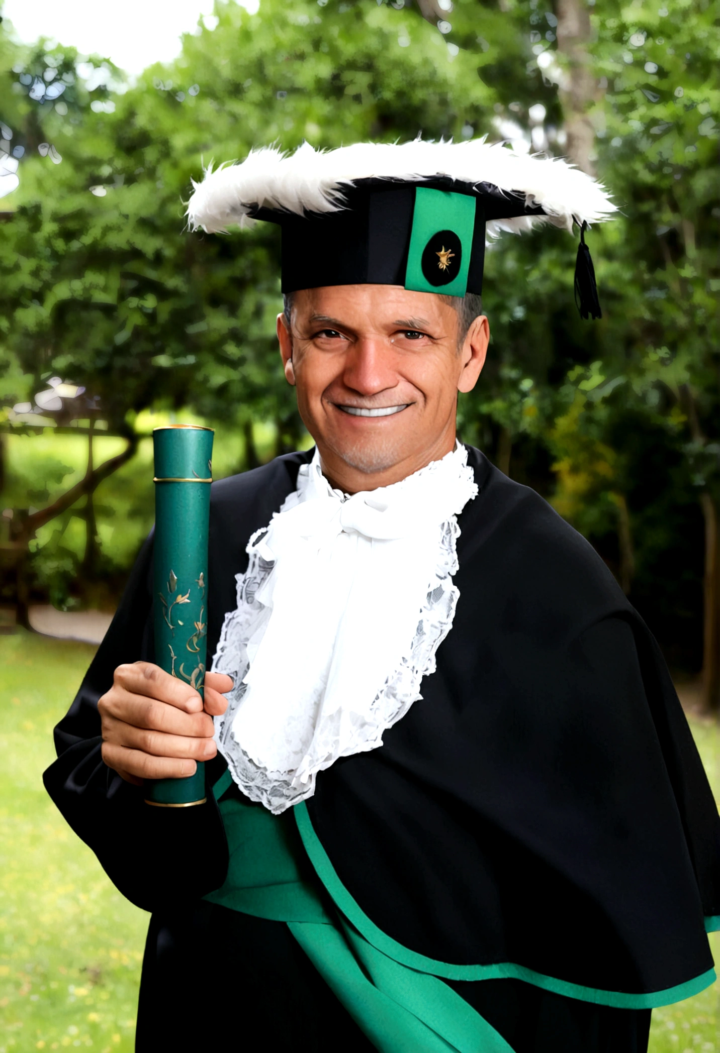 there is a man in a black and green costume holding a green pipe,  graduation photo, wearing an academic dress