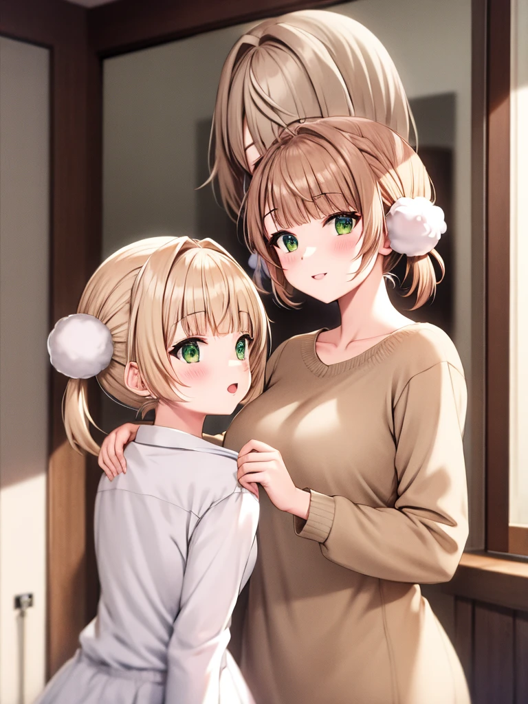 short hair,light brown hair,twintails,pom pom hair ornament,hair intakes,green eyes