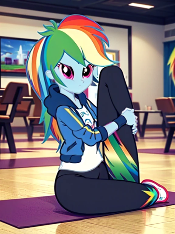1girl, solo, Rainbow Dash, Rainbow Dash of My Little Pony, Rainbow Dash as a girl, , hoodie, yoga pants, legs spreading, legs spread