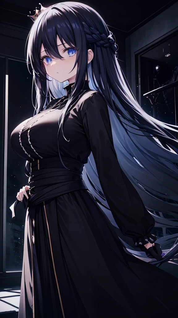 best quality, extremely detailed, anime style girl, long hair down to the waist, straight hair, dark black hair with bluish,crown braid,beautiful detailed eyes, pinched eyes, dark blue eyes, gradation eyes,huge breasts,((((black atmosphere)))),((Luxurious room)),((((cool)))),from side,sparkling eyes 