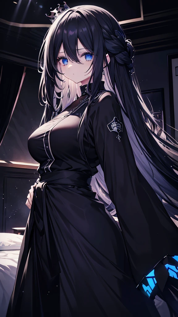 best quality, extremely detailed, anime style girl, long hair down to the waist, straight hair, dark black hair with bluish,crown braid,beautiful detailed eyes, pinched eyes, dark blue eyes, gradation eyes,huge breasts,((((black atmosphere)))),((Luxurious room)),((((cool)))),from side,sparkling eyes 