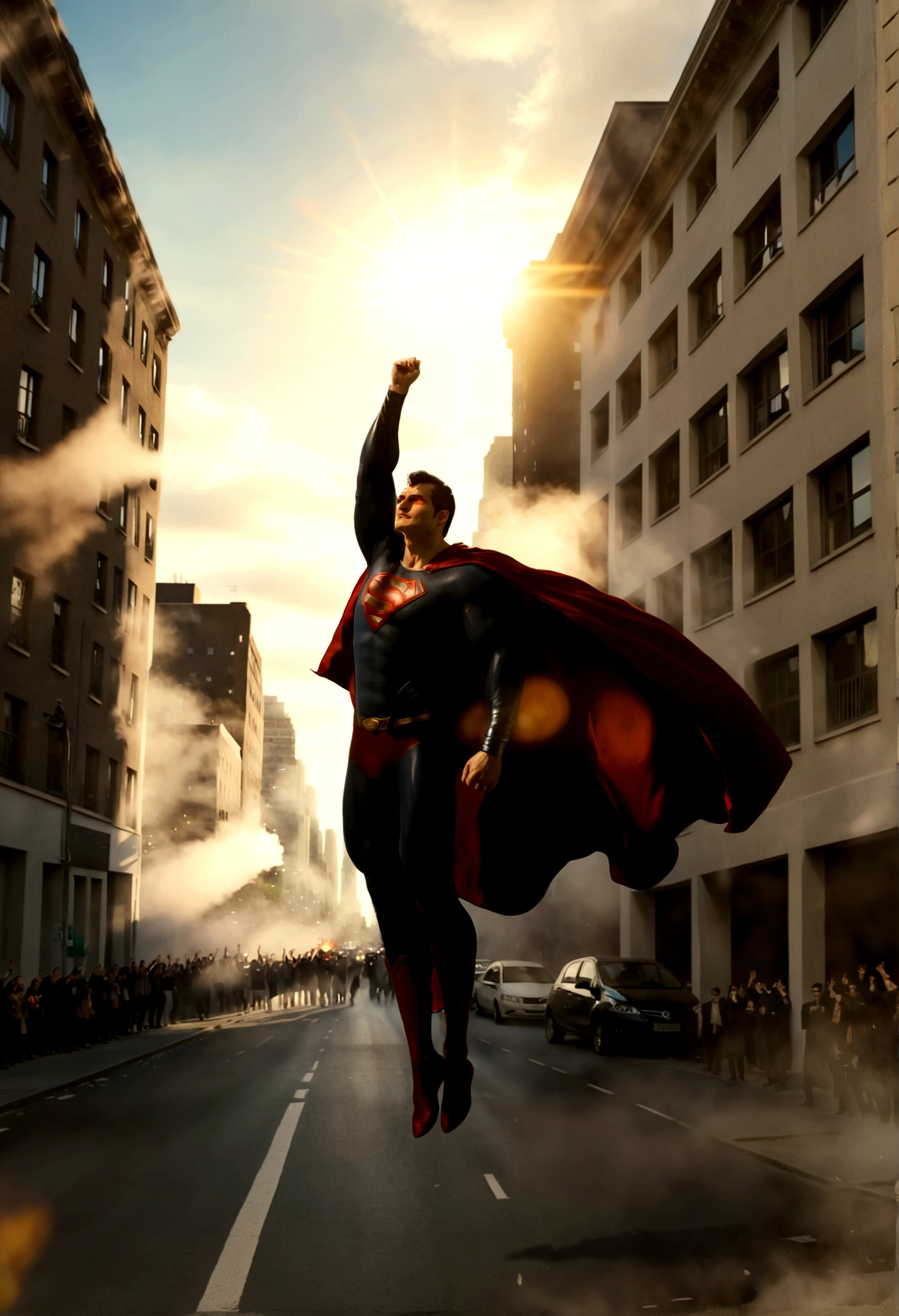 uperman flying over street between building waving at people cheering for him,in superhero pose cape flapping