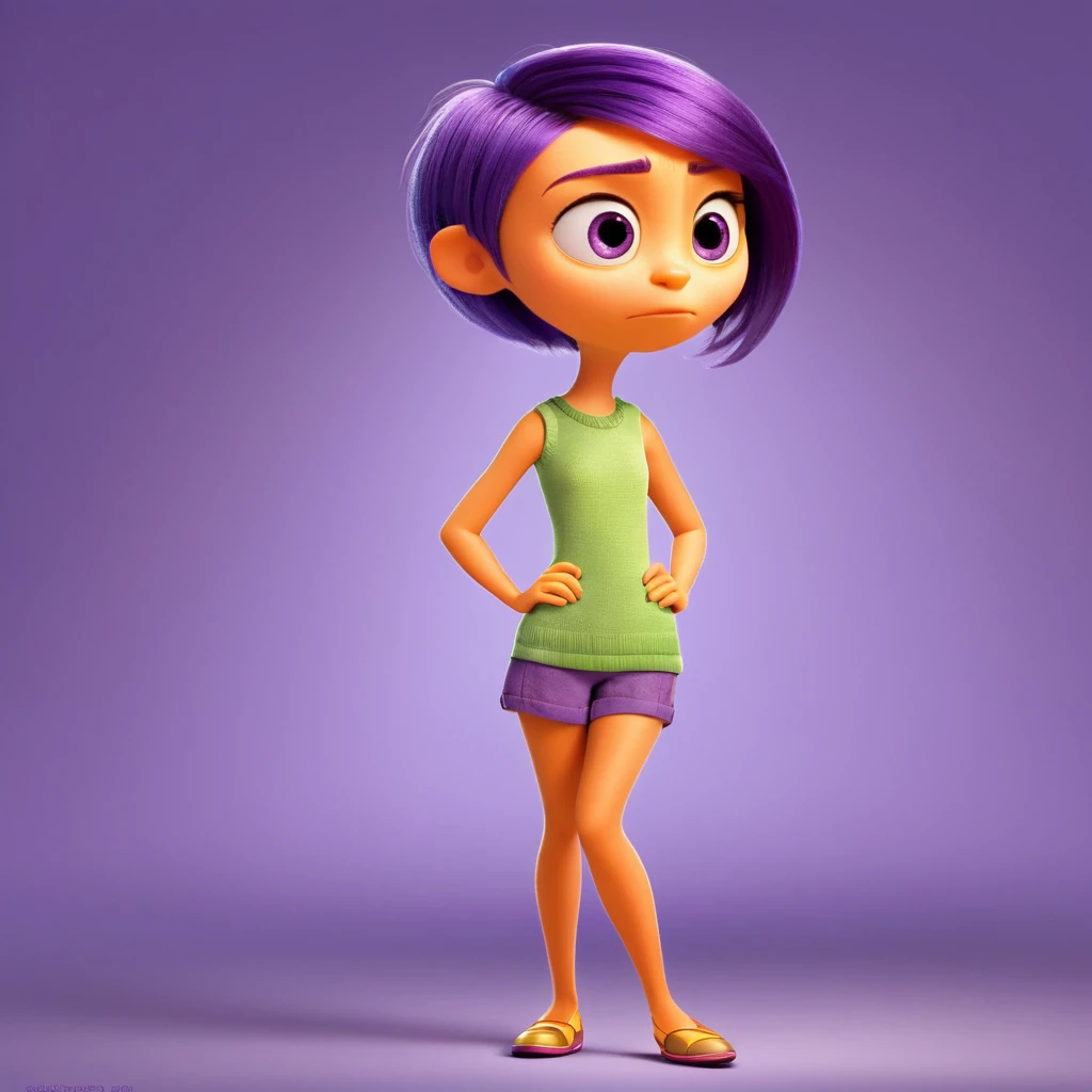 "Courage" cartoon character inspired by the film "Inside Out", full body, orange skin, purple short hair, female character, non-humanoid face, pixar style. 