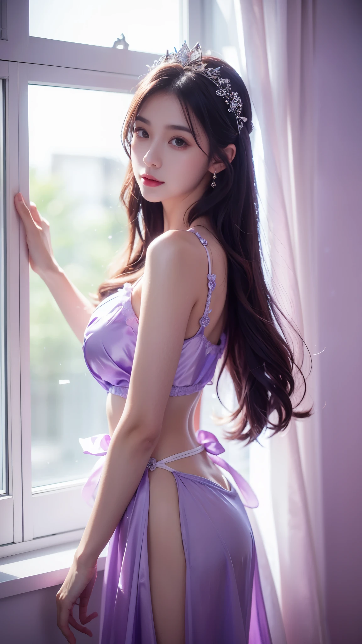 4K, UHD, masterpeice, 1 girl, good face, very long hair, ((white skin)), fairytale clothing, purple clothing, bare waist, fujicolor, window, depth of field, ray tracing, ultra realistic detailes,