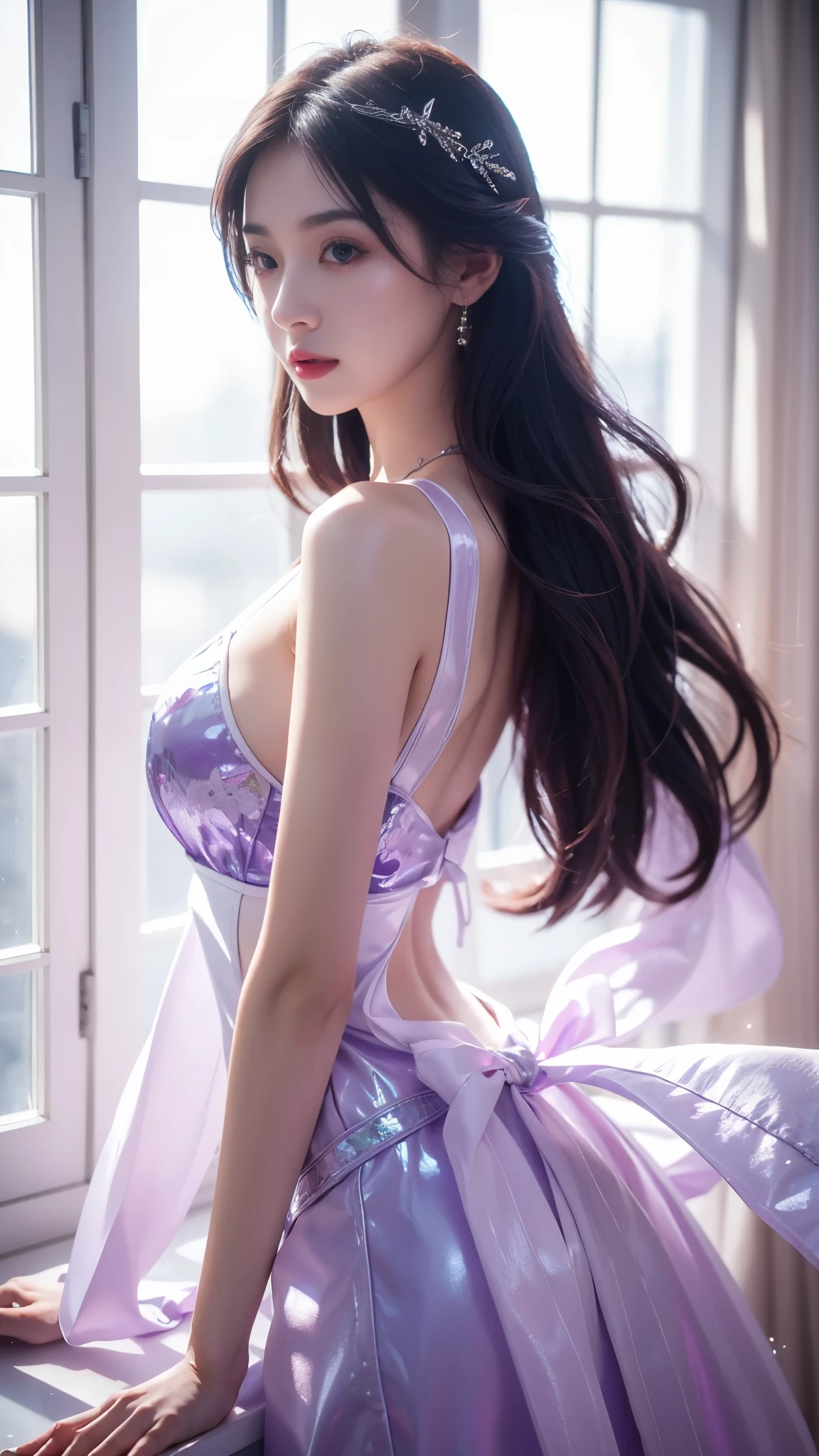 4K, UHD, masterpeice, 1 girl, good face, very long hair, ((white skin)), fairytale clothing, purple clothing, bare waist, fujicolor, window, depth of field, ray tracing, ultra realistic detailes,