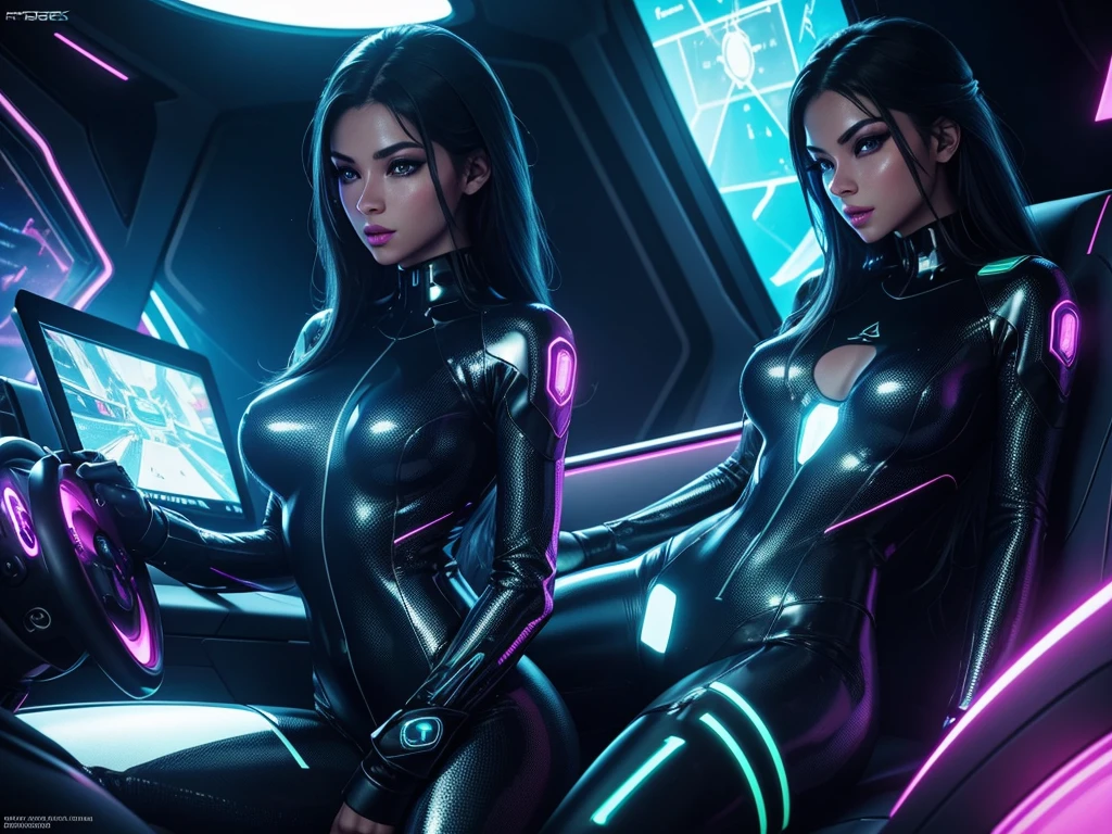 a sexy woman playing video games in a futuristic spaceship, beautiful detailed eyes, beautiful detailed lips, extremely detailed face, long eyelashes, beautiful woman, tight bodysuit, holographic displays, neon lights, glowing monitors, sleek and modern interior, cinematic lighting, vibrant colors, photorealistic, 8k, high quality, concept art